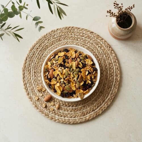 Top-down close-up of Muesli Fruit and Nut packs, available in 250g and 500g sizes at Oasis Dry Fruits Bangalore stores.