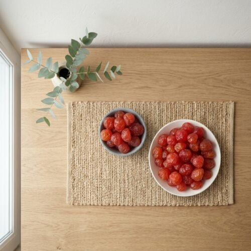 Top-down view of dried Roseberry Plums on a rustic jute mat, featuring the uniform size and natural antioxidants of Oasis products.