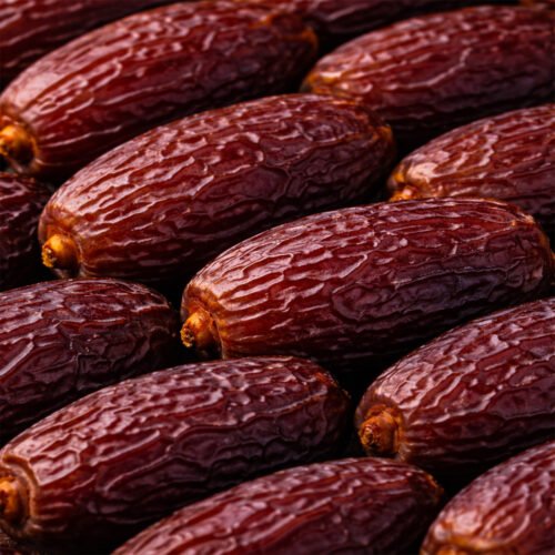 Oasis Mabroom Jumbo dates served in a white bowl, showcasing their elongated shape and dark, premium texture.