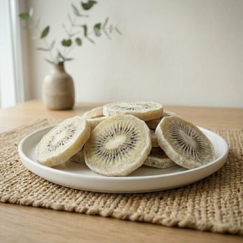 Dried golden kiwi slices presented in a minimalist black bowl, perfect for healthy snacking or as a gourmet dessert topping.