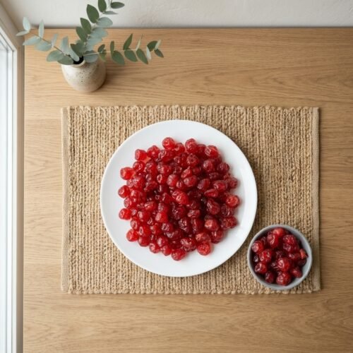 Top-down view of a plate of dried cherries on a rustic jute mat, featuring the uniform size and rich antioxidants of Oasis products.