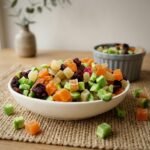 Close-up side view of a healthy dried fruit mix, showcasing the fresh, vibrant texture of diced tropical fruits and berries from Oasis.