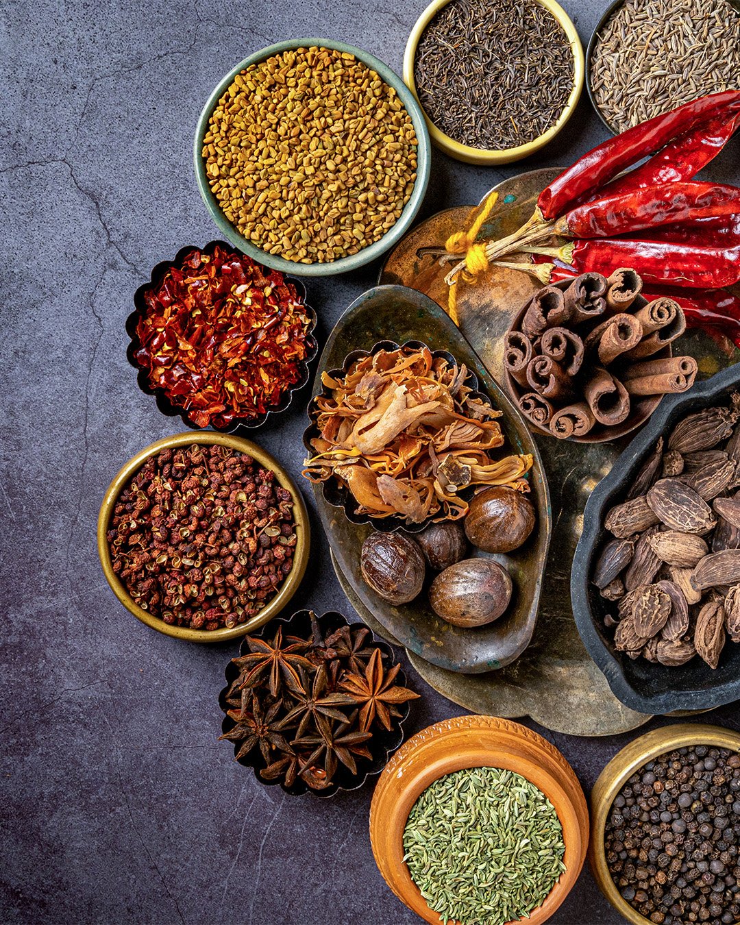 aesthetic colourful indian spices herbs top view cooking ingredients dark background 1