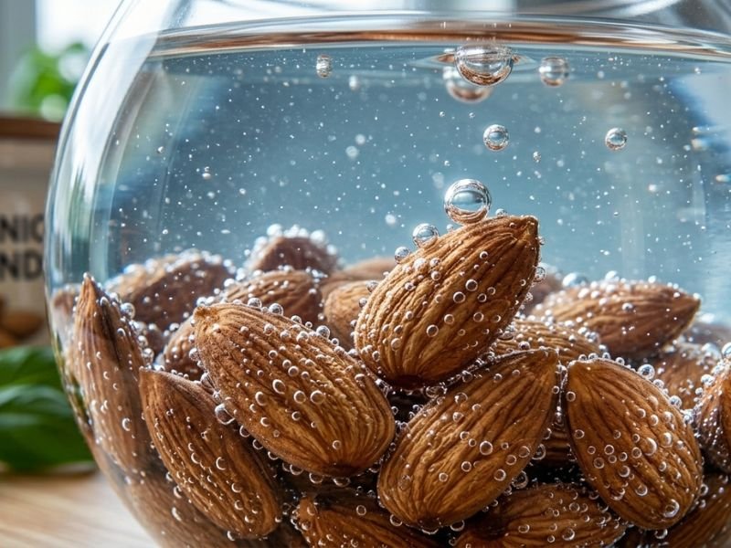 A close-up, macro shot of whole almonds submerged in a clear glass bowl