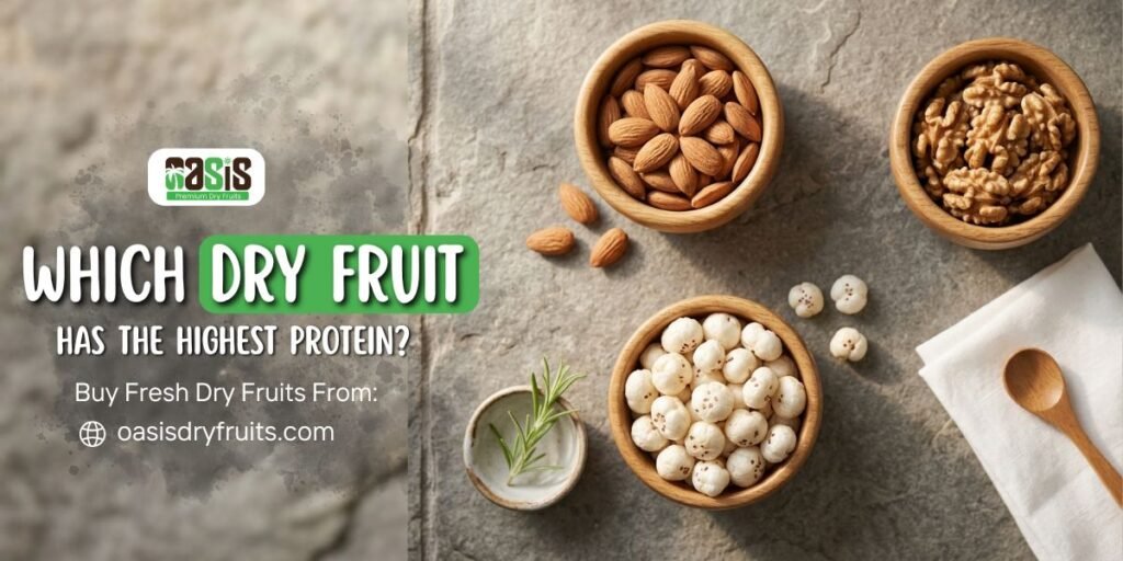Premium high protein dry fruits including almonds, walnuts, and fox nuts makhana.