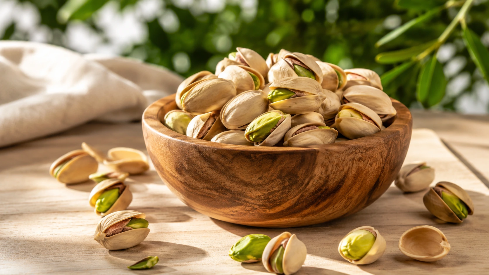 Premium pistachios in rustic wooden bowl on light wood table with soft morning sunlight and green leaves.