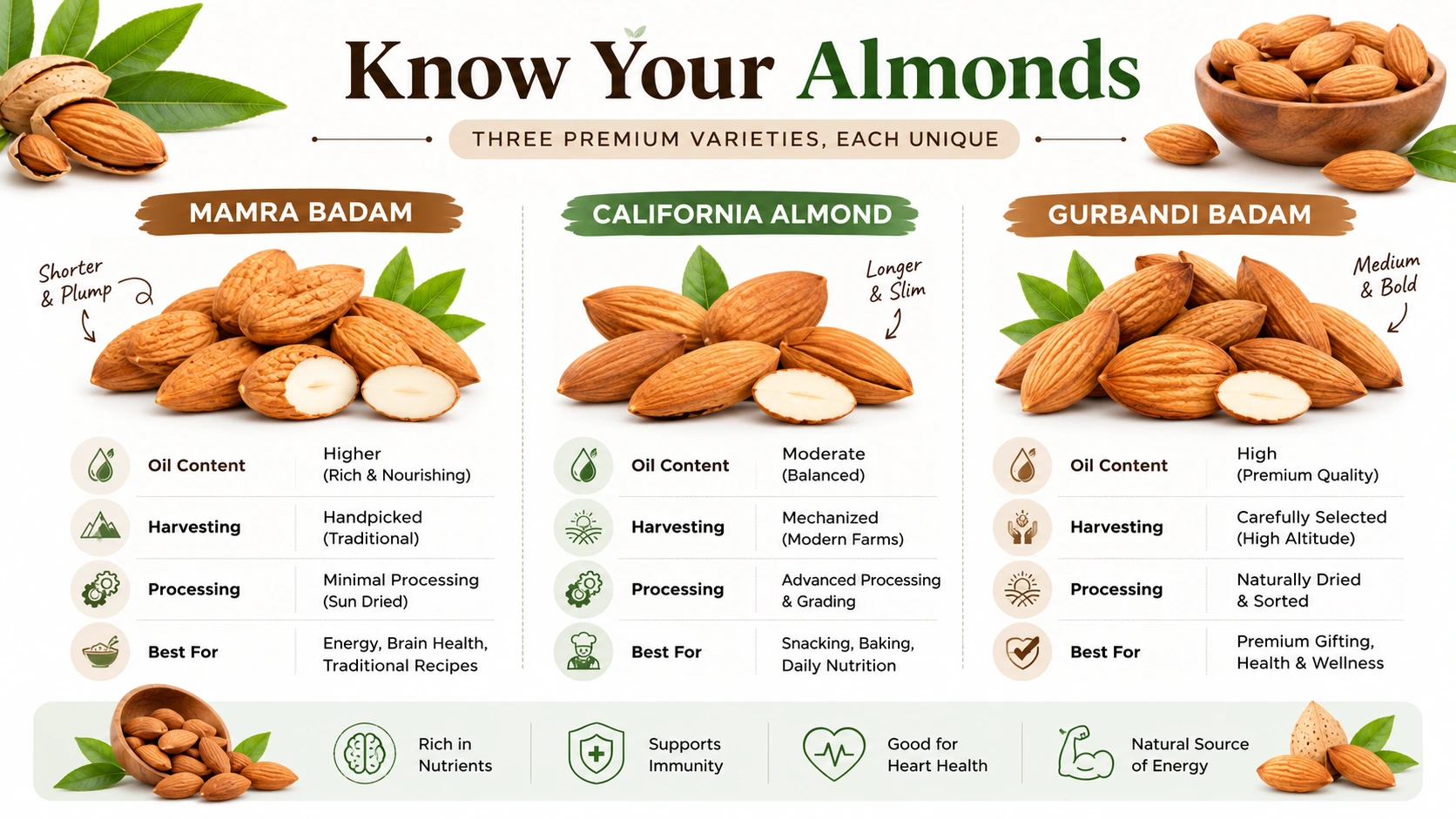 Comparison infographic of Mamra, California, and Gurbandi almonds with key differences.