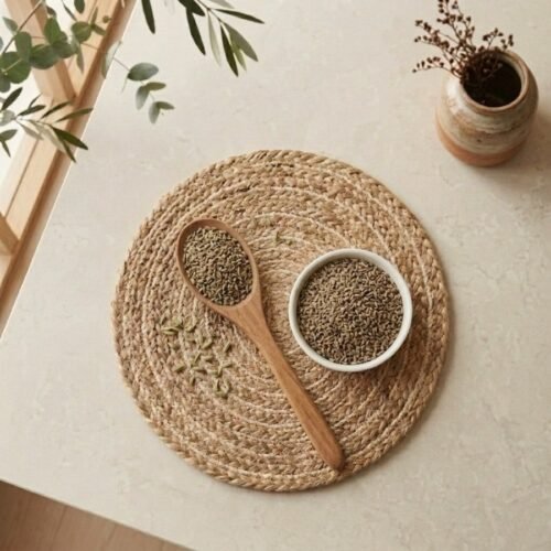 Direct top view of raw ajwain carom seeds in white bowl with wooden spoon by Oasis Dry Fruits.