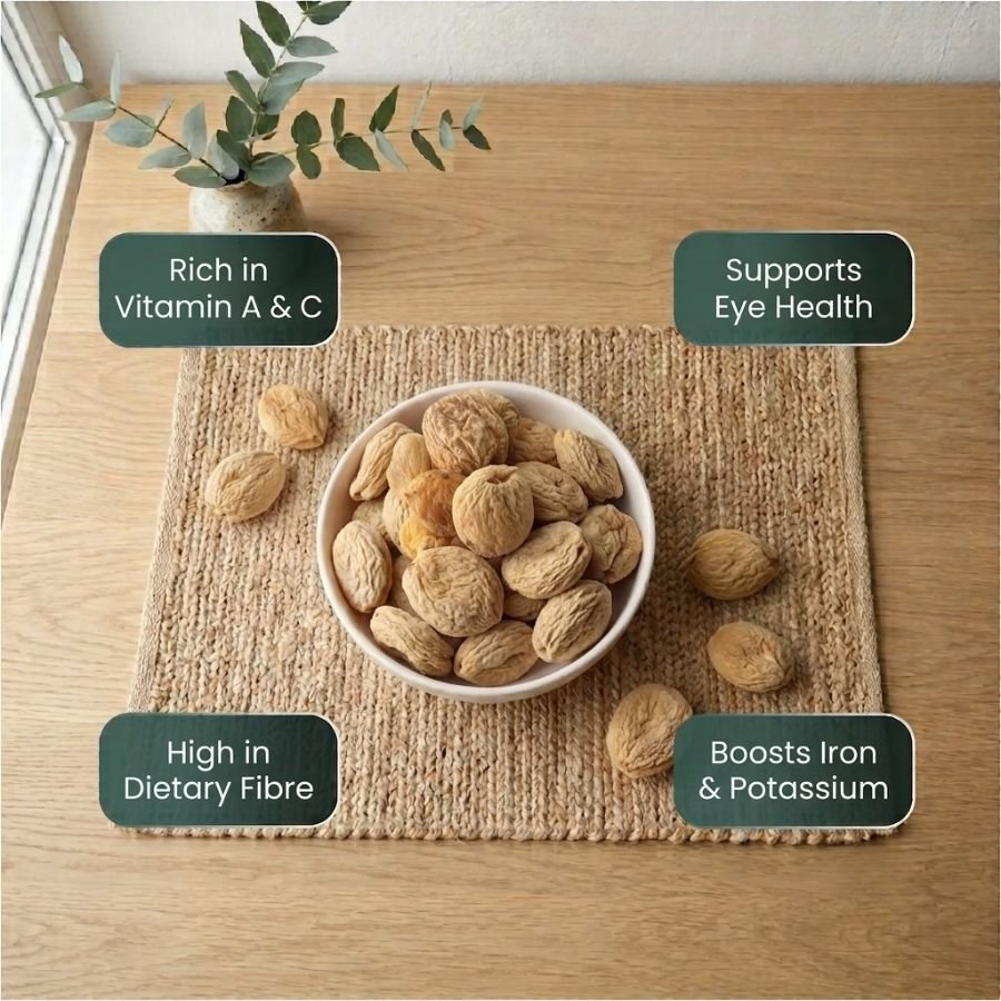 Infographic displaying health benefits of organic Apricot Dried (Whole) by Oasis Dry Fruits.