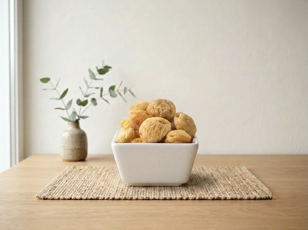Side angle shot of natural Apricot Dried (Whole) served in a square dish by Oasis Dry Fruits.