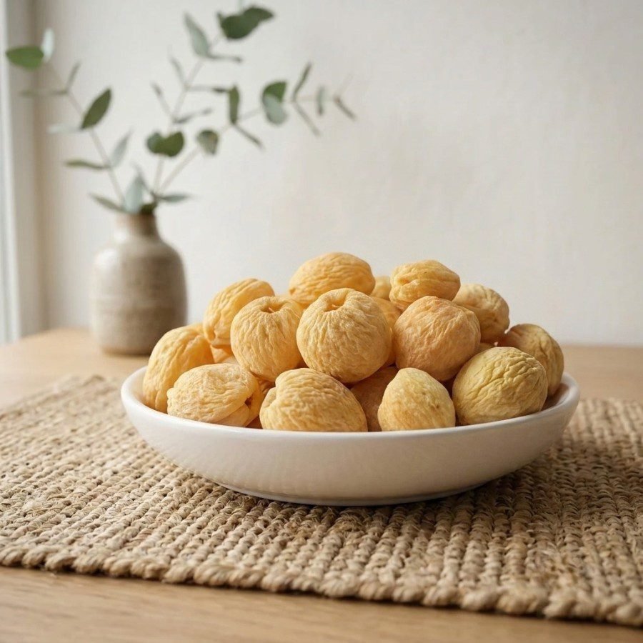 Side angle lifestyle shot of whole Apricot Dried (Whole) in a white bowl by Oasis Dry Fruits.