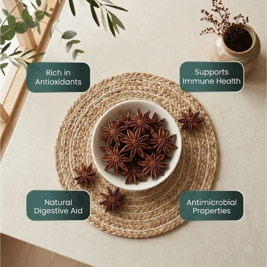 Infographic displaying health benefits of whole Badiyan star anise by Oasis Dry Fruits.