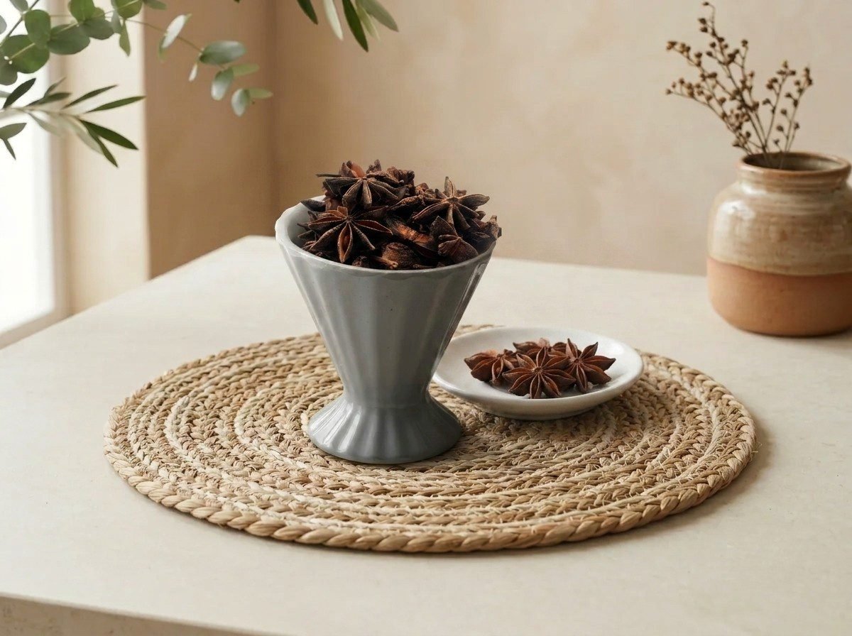 Natural whole Badiyan star anise pods served in a grey pedestal cup by Oasis Dry Fruits.