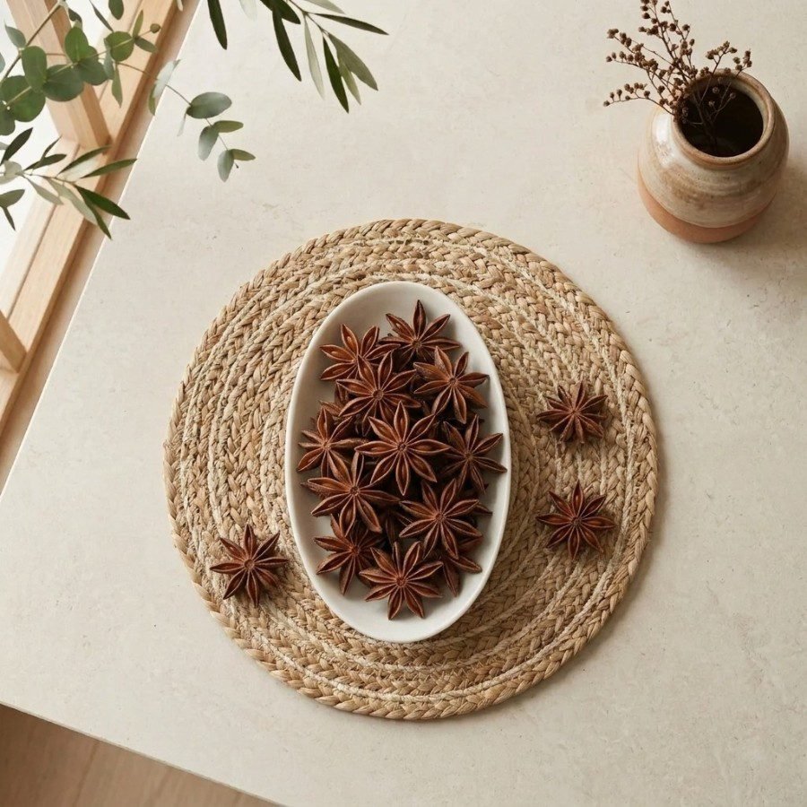 Top view flat lay of premium whole Badiyan star anise in an oval dish by Oasis Dry Fruits.