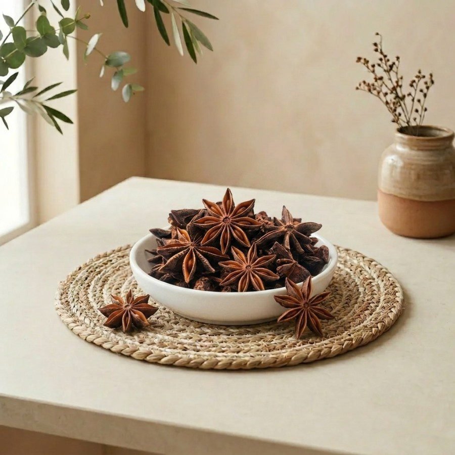 Side angle lifestyle shot of whole organic Badiyan star anise in a white bowl by Oasis Dry Fruits.