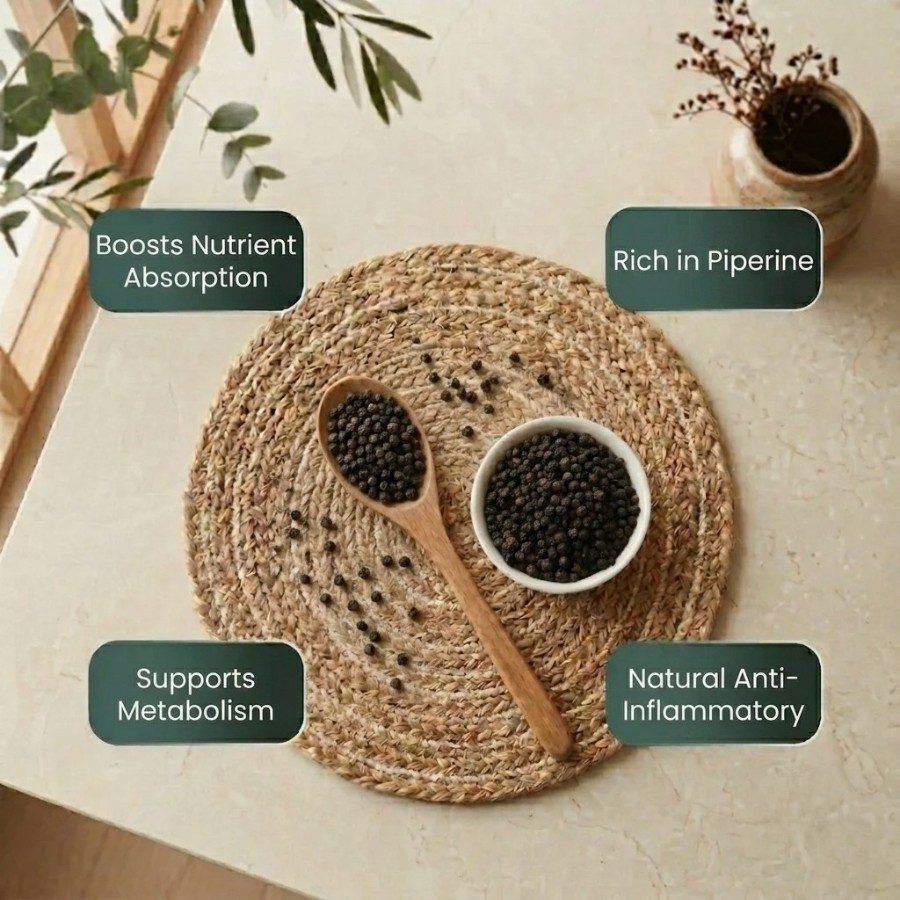 Infographic displaying natural health benefits of Black Pepper by Oasis Dry Fruits.