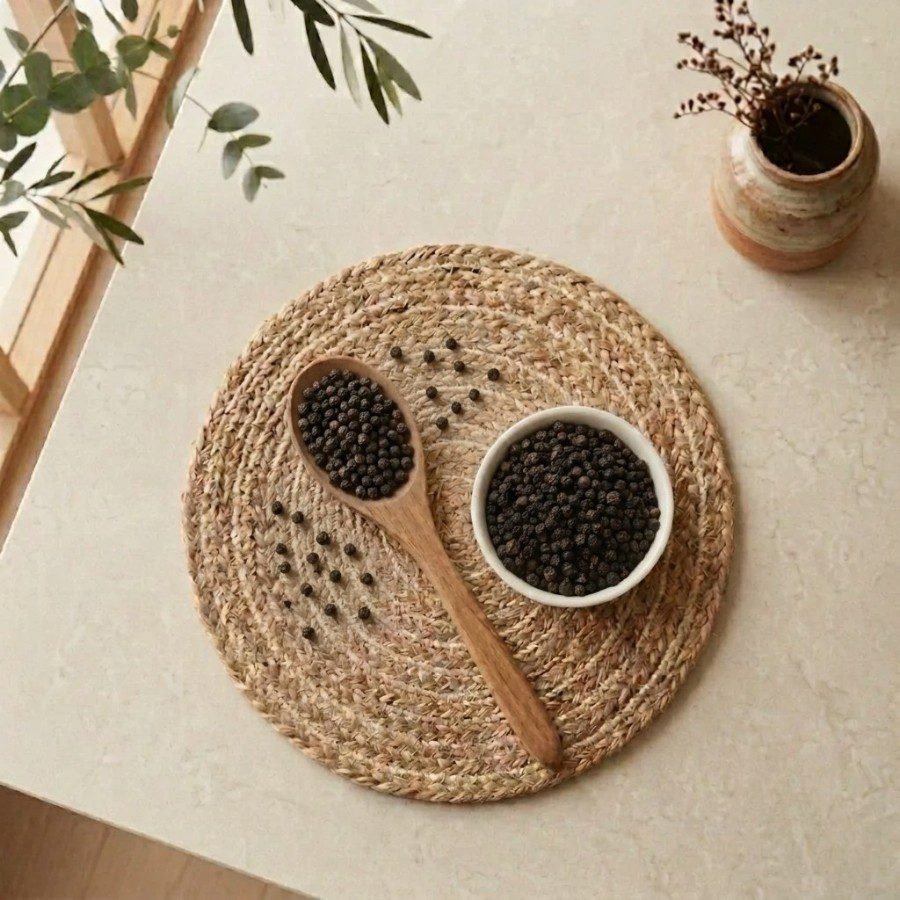 Top view flat lay of premium Black Pepper whole peppercorns by Oasis Dry Fruits.