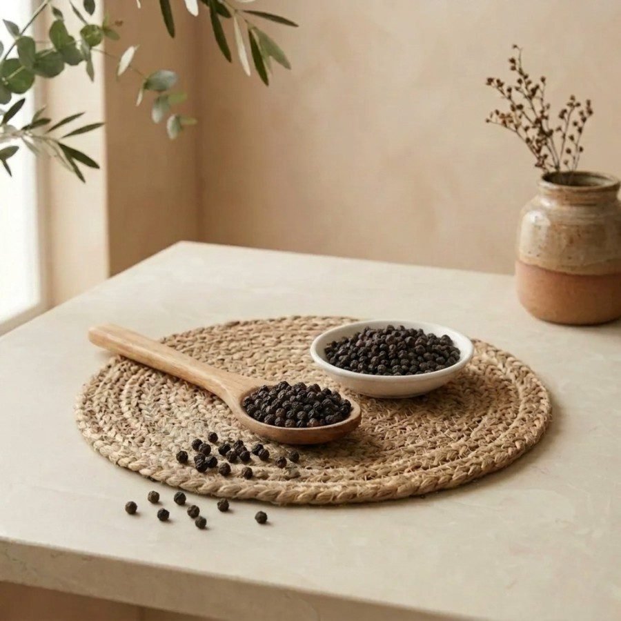 Side angle lifestyle shot of organic Black Pepper in a white bowl by Oasis Dry Fruits.