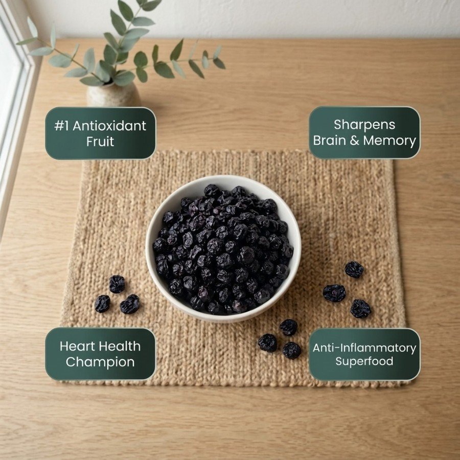 Infographic displaying health benefits of blue berry dried by Oasis Dry Fruits.