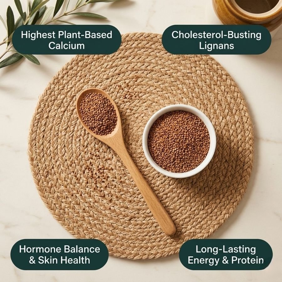 Infographic displaying health and nutrition benefits of brown sesame seeds by Oasis Dry Fruits.