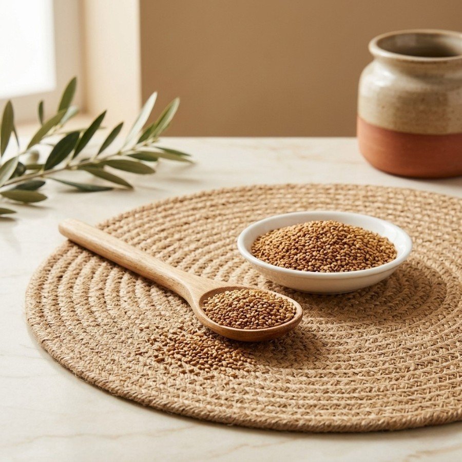 Side angle lifestyle view of organic brown sesame seeds in a small dish by Oasis Dry Fruits.