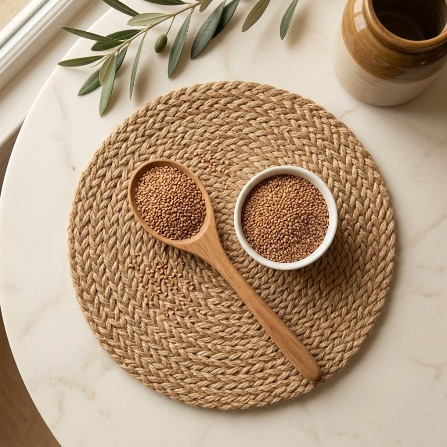 Top view flat lay of raw brown sesame seeds in a bowl with spoon by Oasis Dry Fruits.