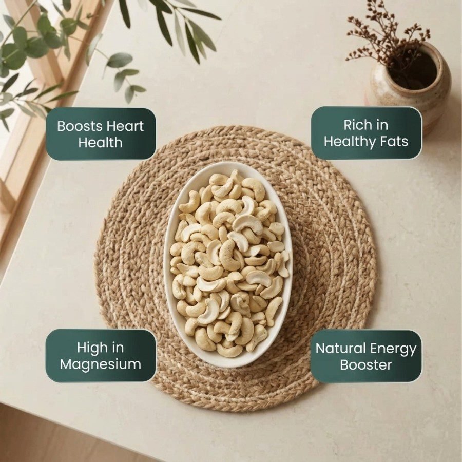 Infographic displaying health benefits of cashews splits by Oasis Dry Fruits.