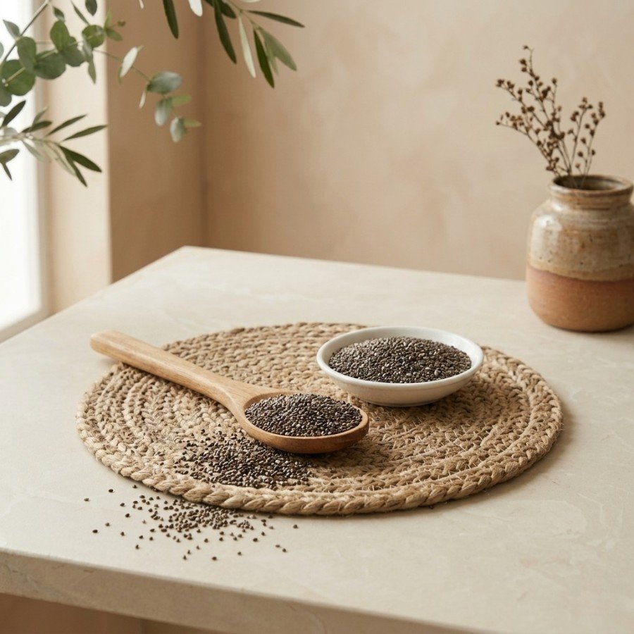 Side angle lifestyle view of natural chia seeds in a small bowl by Oasis Dry Fruits.