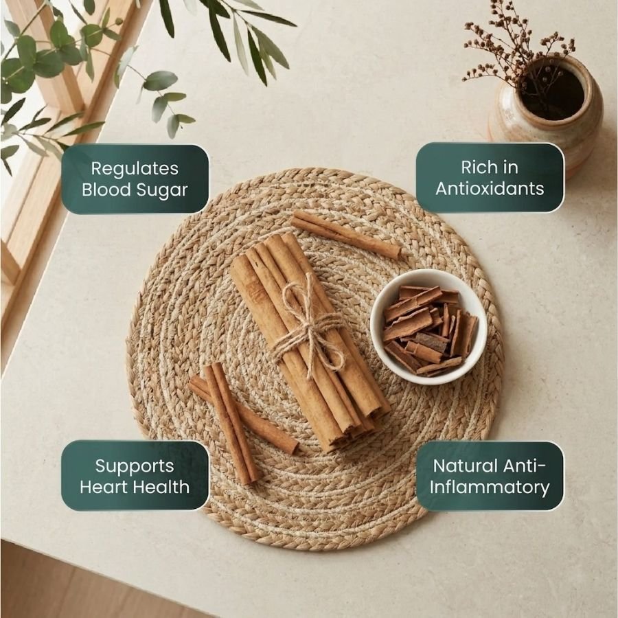 Infographic displaying health benefits of organic Cinnamon Stick by Oasis Dry Fruits.