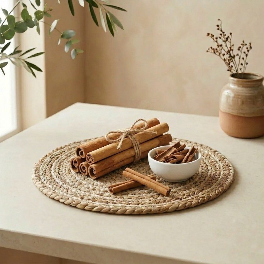 Side angle lifestyle shot of tied Cinnamon Stick bundle on a mat by Oasis Dry Fruits.