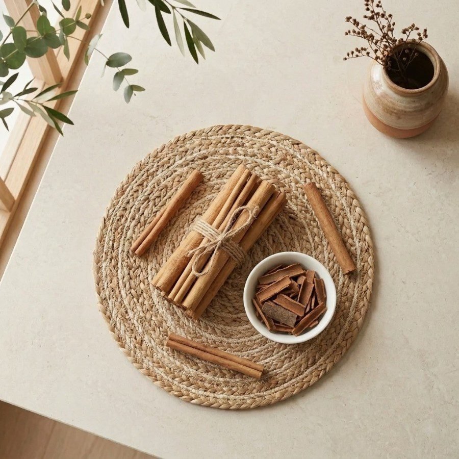 Top view flat lay of aromatic Cinnamon Stick quills and pieces by Oasis Dry Fruits.