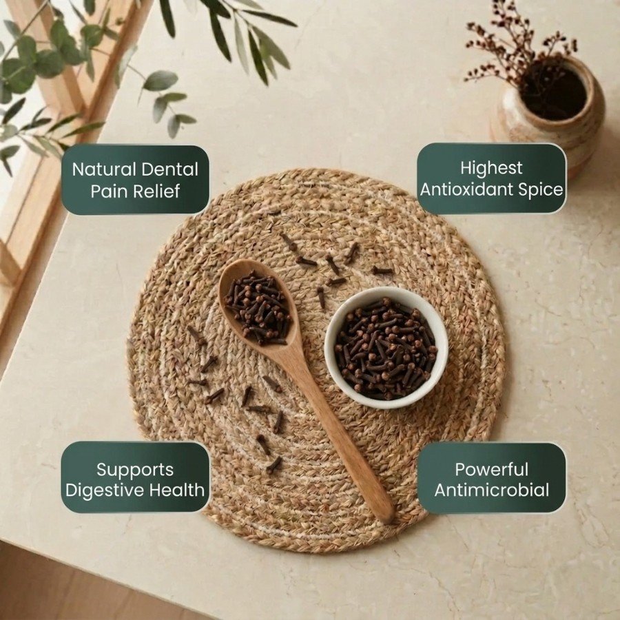 Infographic displaying natural health benefits of Cloves by Oasis Dry Fruits.