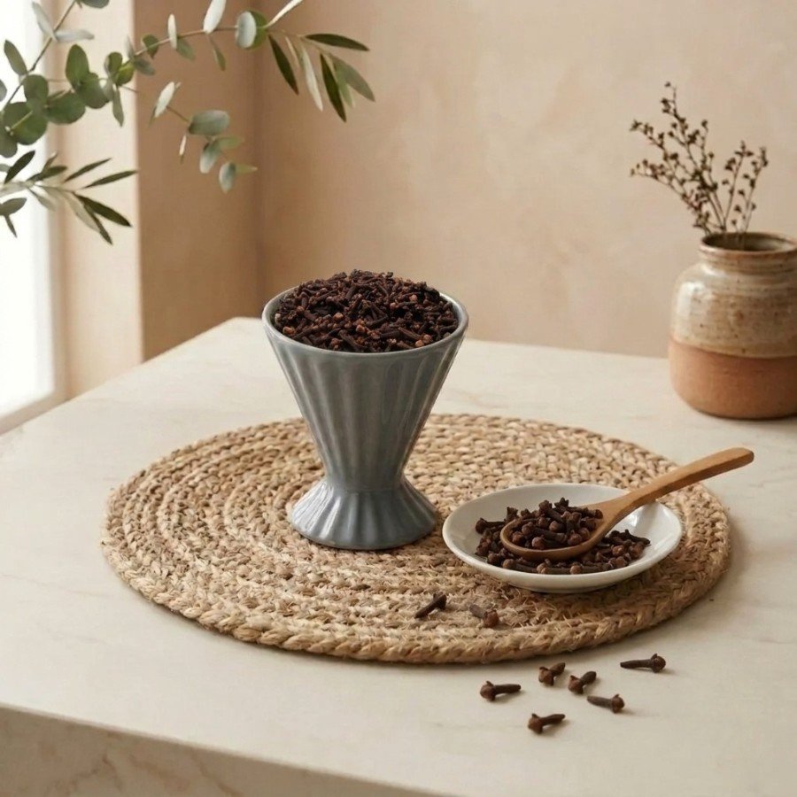 Whole aromatic Cloves served in a grey pedestal ceramic cup by Oasis Dry Fruits.