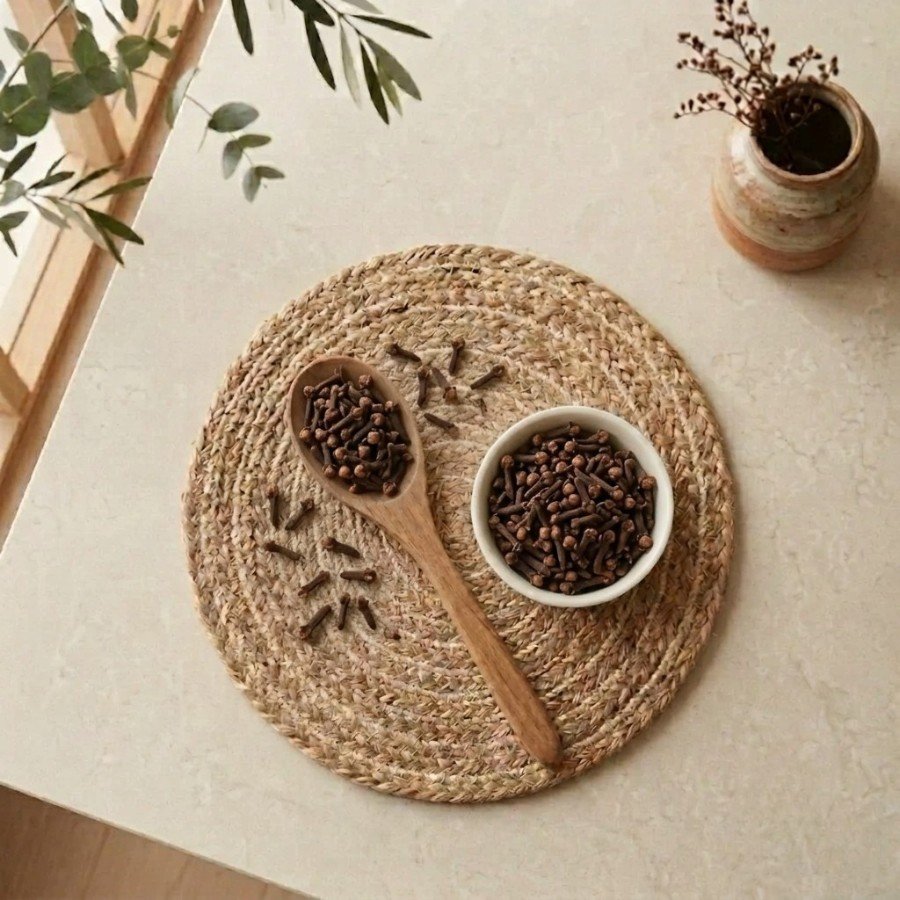 Top view flat lay of premium Cloves with wooden spoon by Oasis Dry Fruits.
