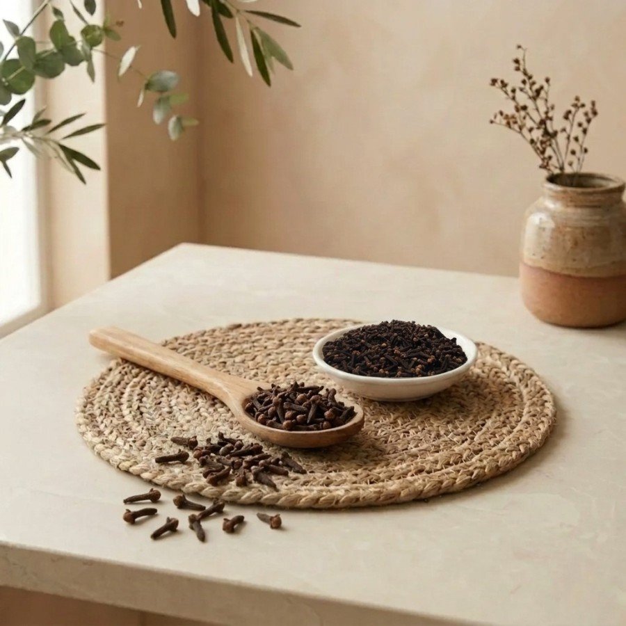 Side angle lifestyle shot of organic Cloves in a white bowl by Oasis Dry Fruits.