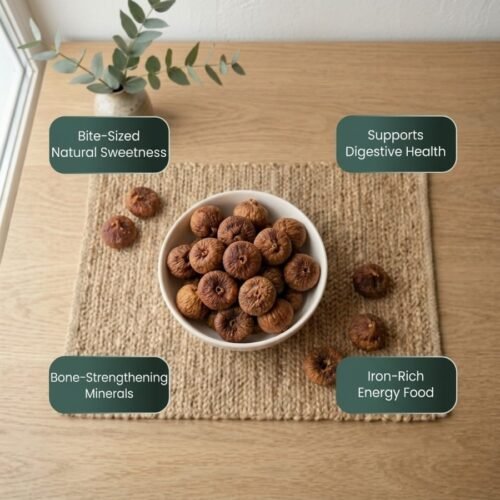 Infographic displaying health benefits of dried figs baby small by Oasis Dry Fruits.