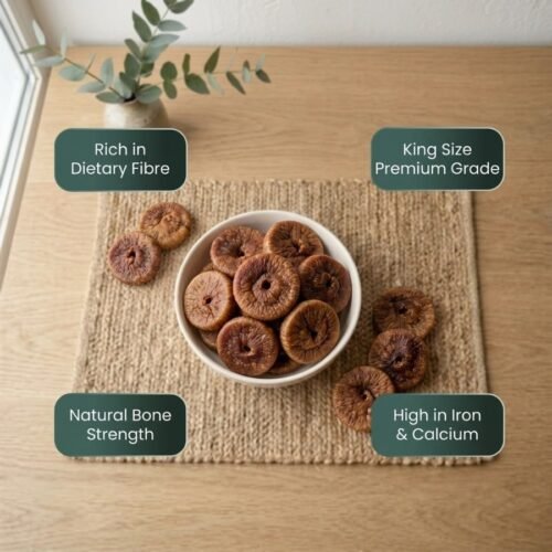 Infographic displaying health benefits of dried figs king size by Oasis Dry Fruits.