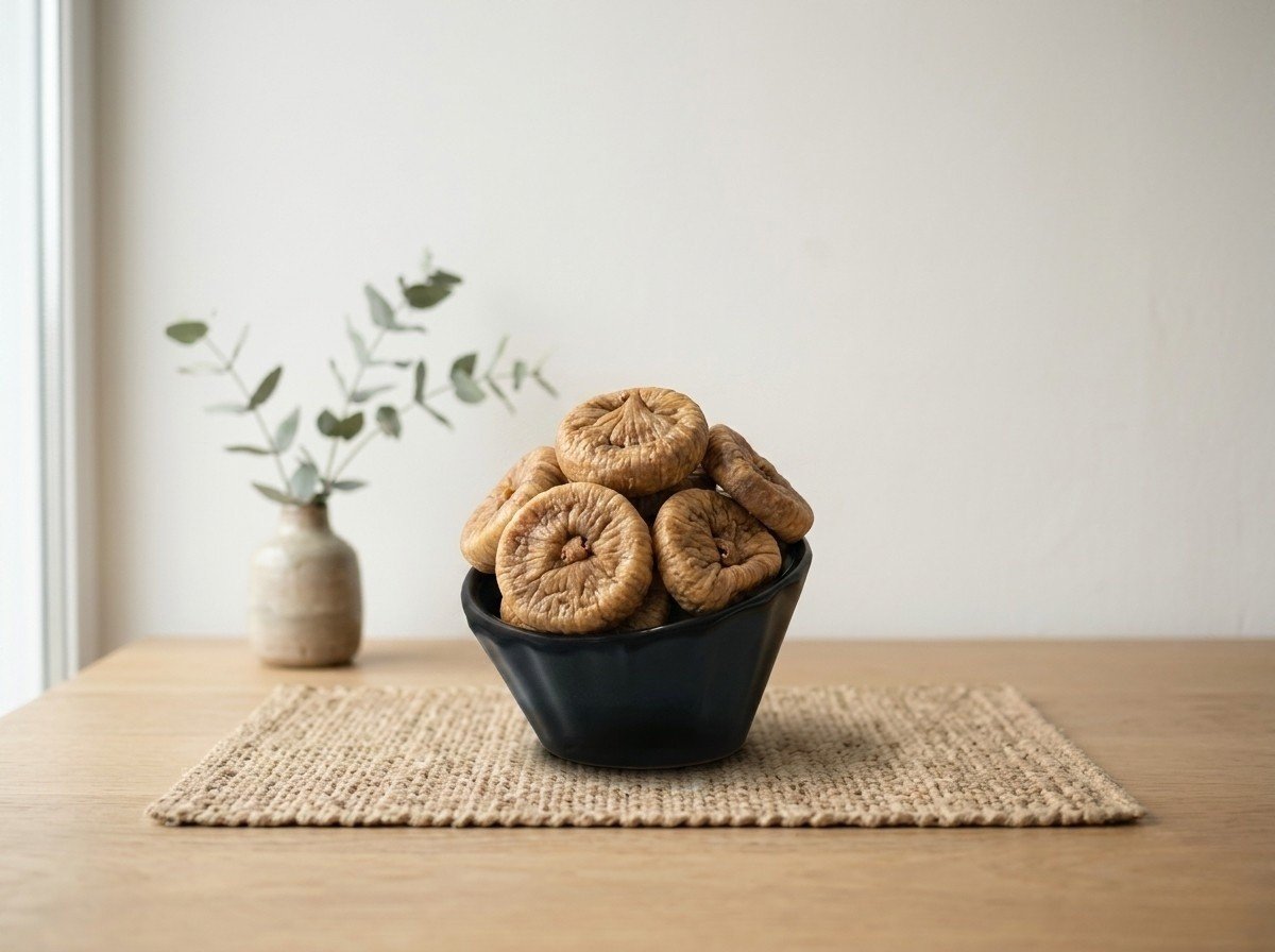 Side angle lifestyle shot of dried figs large in a dark bowl by Oasis Dry Fruits.