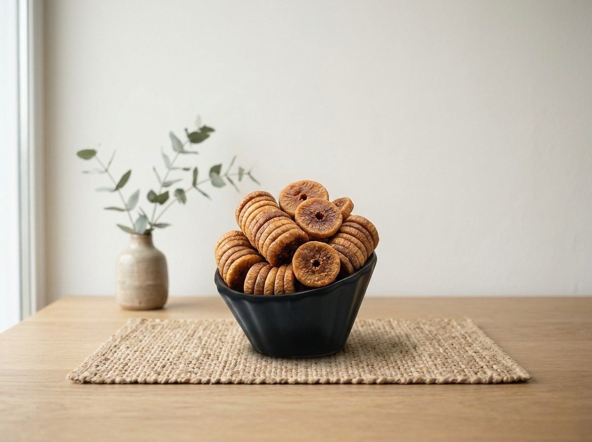 Side angle shot of dried figs premium baby small in a dark bowl by Oasis Dry Fruits.