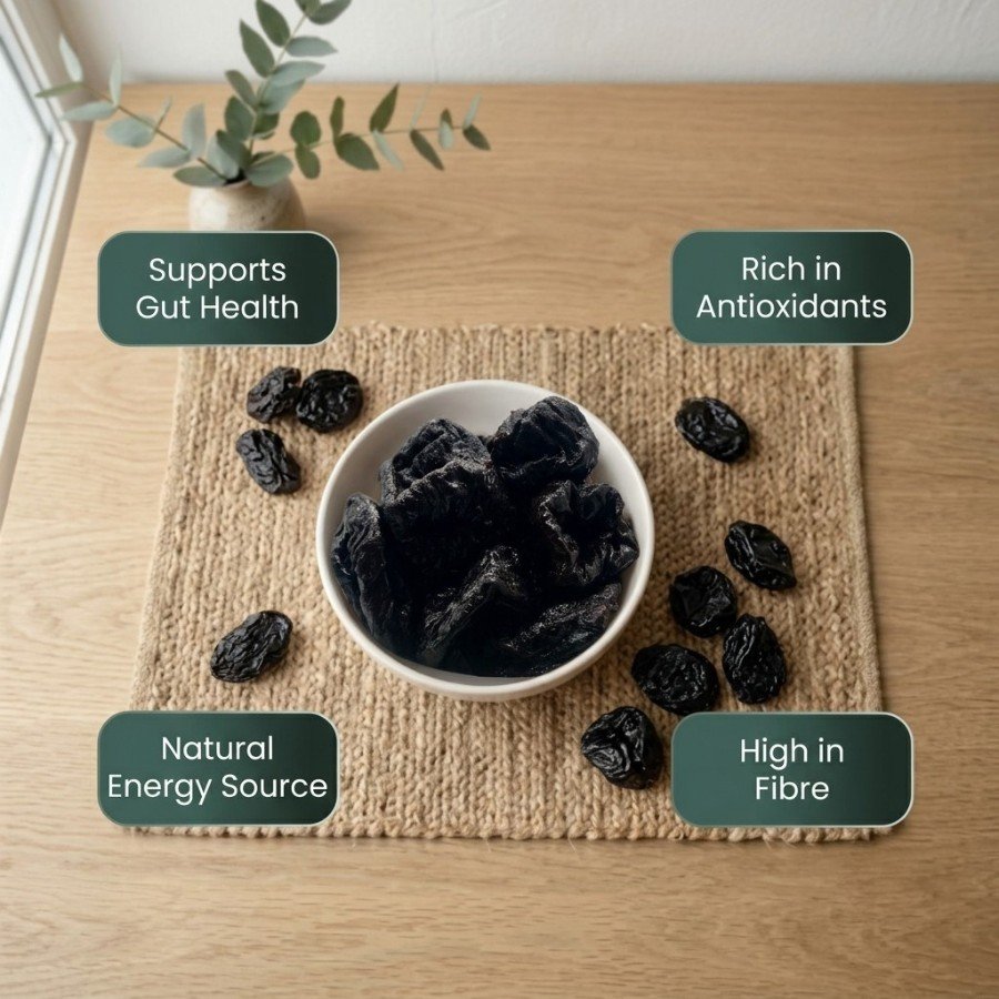 Infographic displaying the health benefits of dried prunes by Oasis Dry Fruits.