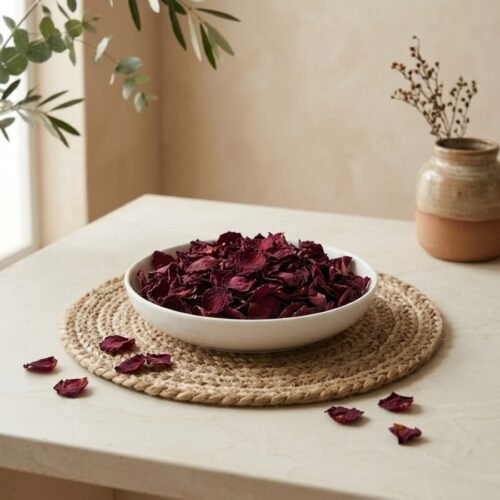 Side angle lifestyle view of organic dried rose petals in a bowl by Oasis Dry Fruits.