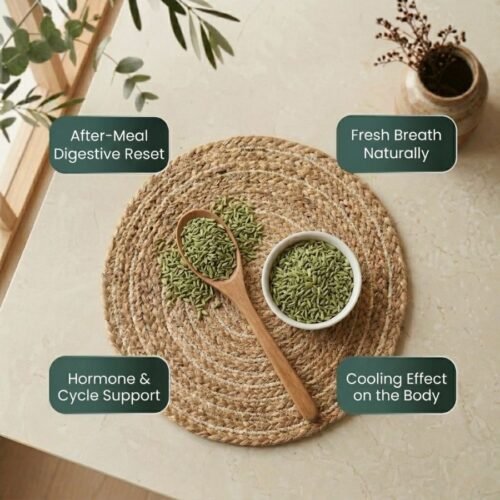 Infographic of fennel seeds saunf showing digestive and cooling benefits by Oasis Dry Fruits.