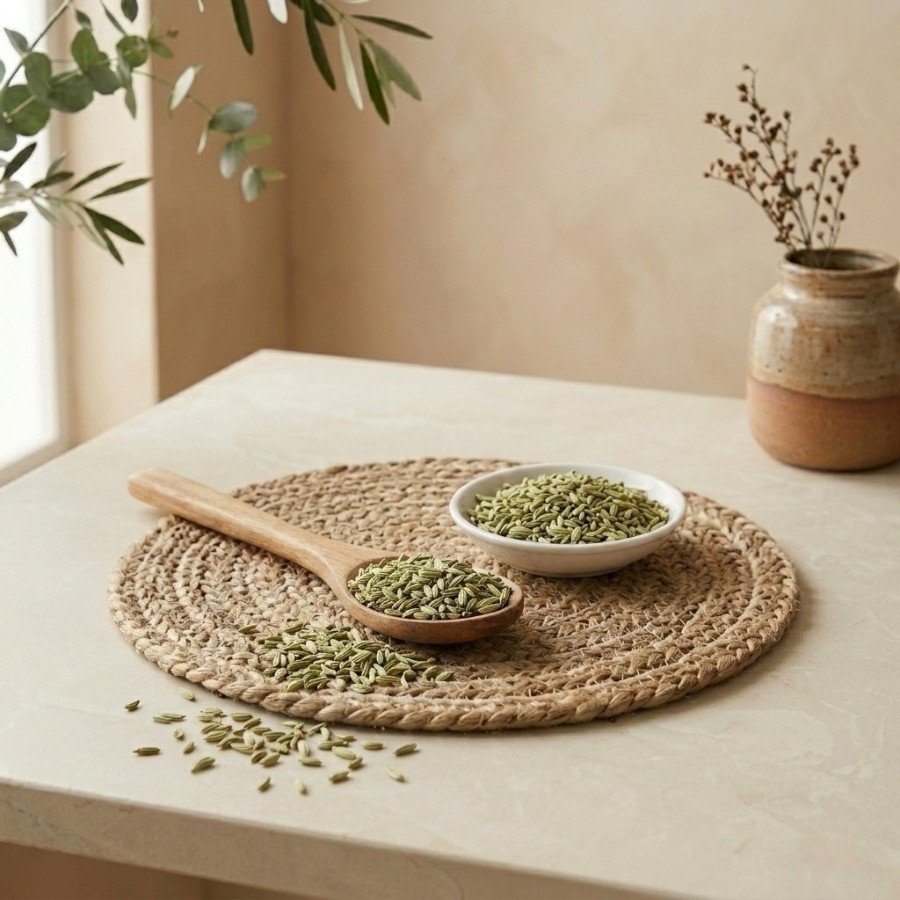Side angle view of organic green fennel seeds saunf on wooden spoon by Oasis Dry Fruits.