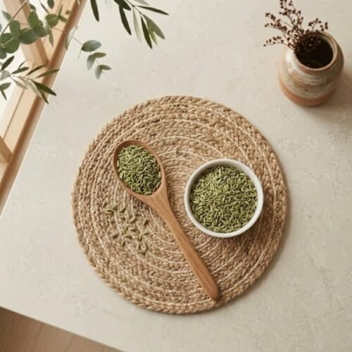 Top view of green fennel seeds saunf in a white bowl with wooden spoon by Oasis Dry Fruits.