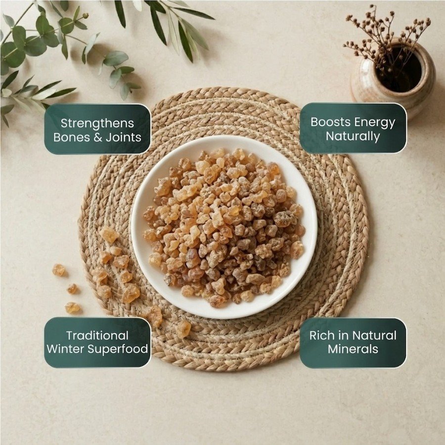 Infographic displaying health benefits of organic Gond edible gum by Oasis Dry Fruits.