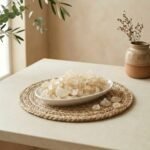 Side angle lifestyle shot of natural Gond Kathira edible gum in a dish by Oasis Dry Fruits.
