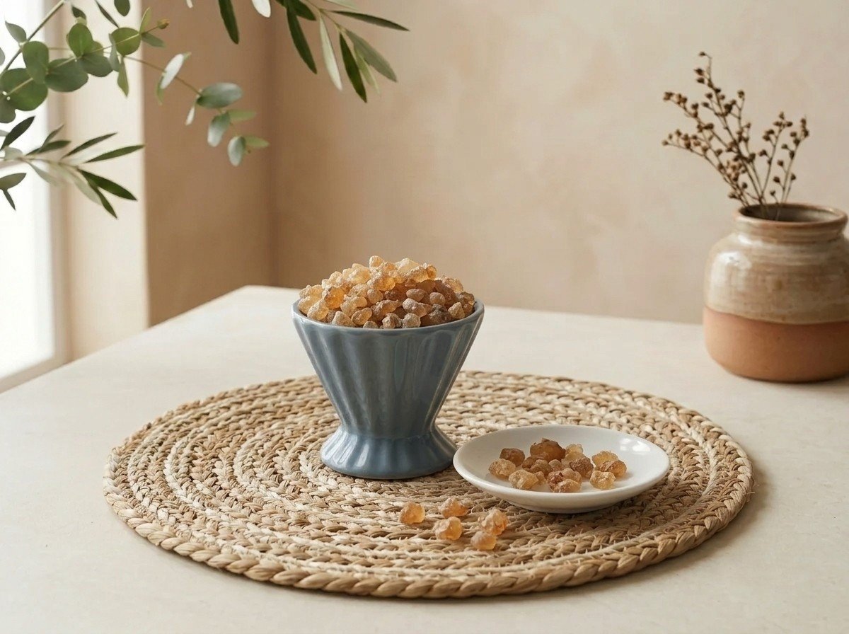 Natural Gond edible gum crystals served in a grey pedestal ceramic cup by Oasis Dry Fruits.