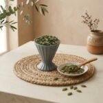 Whole Green Cardamom 8mm pods served in a grey pedestal ceramic cup by Oasis Dry Fruits.