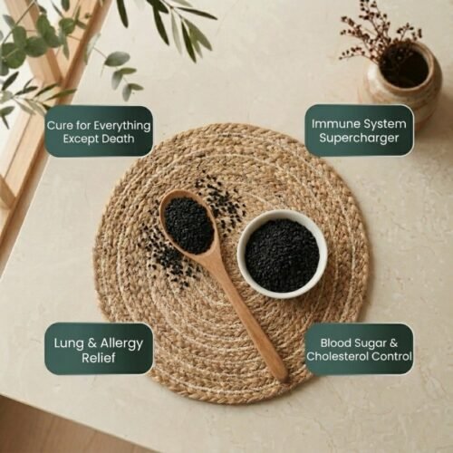Infographic displaying immunity and health benefits of kalonji seeds by Oasis Dry Fruits.
