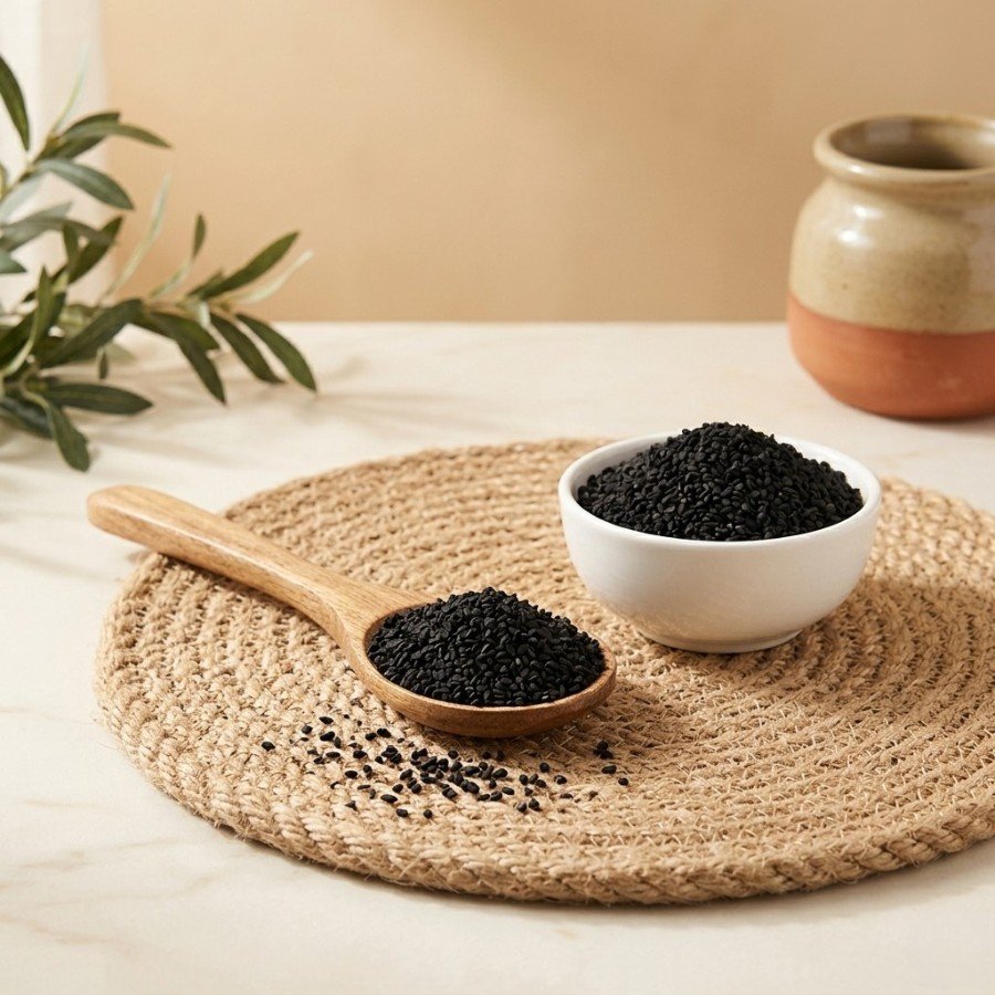 Side angle lifestyle view of black kalonji seeds in bowl and spoon by Oasis Dry Fruits.